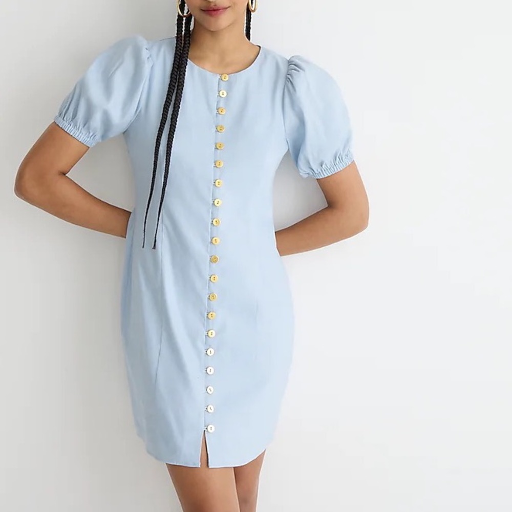 J Crew short sleeve Stretch viscose blend button-front mini dress‎ light blue
